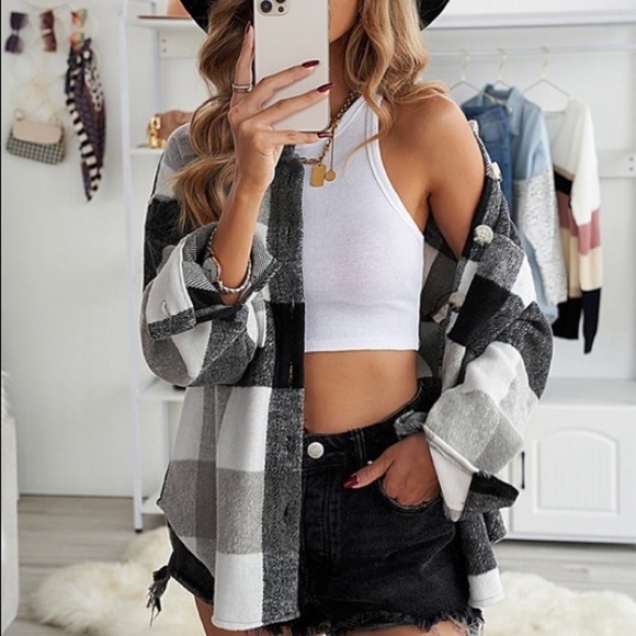 Plaid Color Block Button Up Jacket - grey - Picture 4 of 6